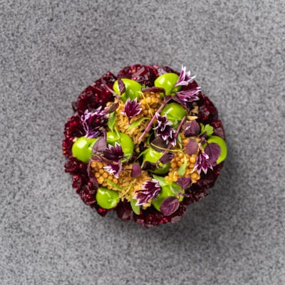 Rødbetetartar med grov sennep, bringebæreddik og persillemajones